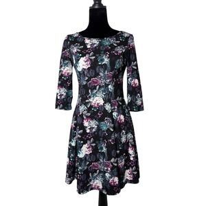 So Rad Floral Skater Dress Women Size‎ S Black Purple 3/4 Sleeve Fit Flare Mini